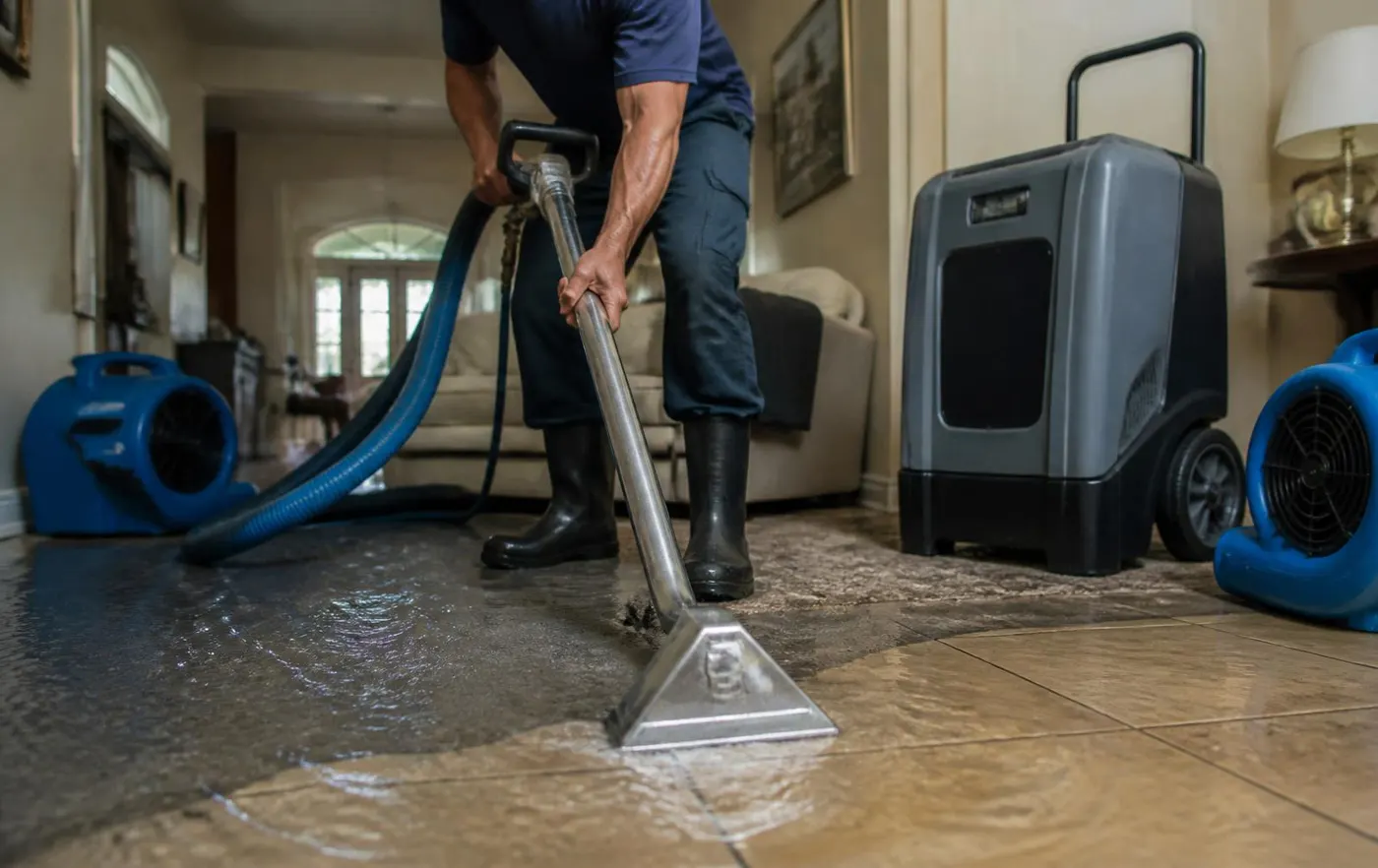 Emergency water extraction with a hose wand removing standing water from a flooded Jacksonville living room