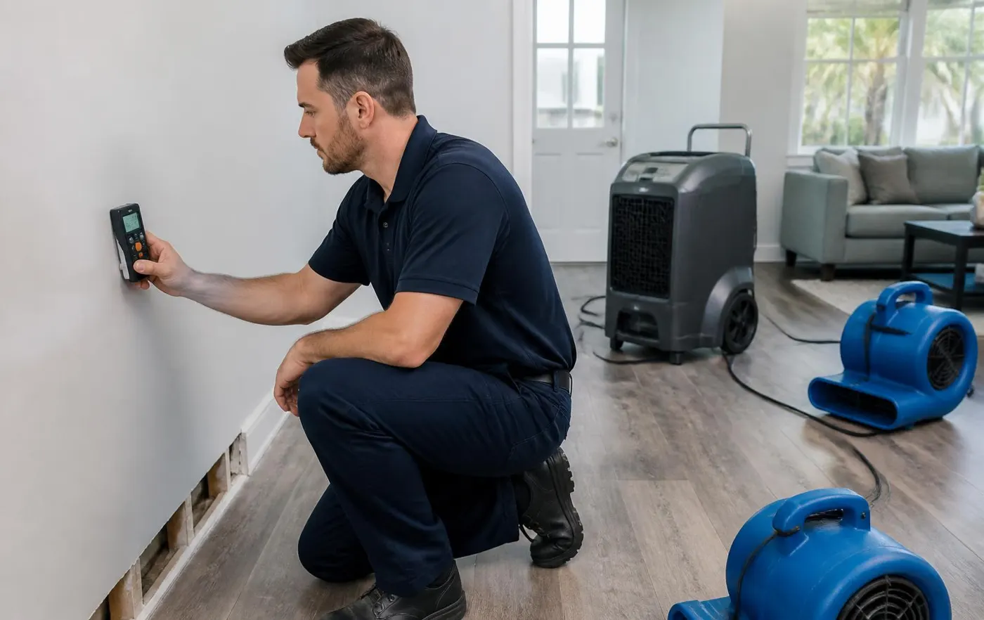Restoration technician using a moisture meter on drywall while dehumidifiers and air movers run in a Jacksonville home