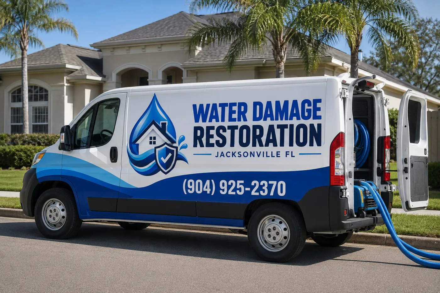 Water Damage Restoration Jacksonville FL service van with extraction hoses outside a Northeast Florida home